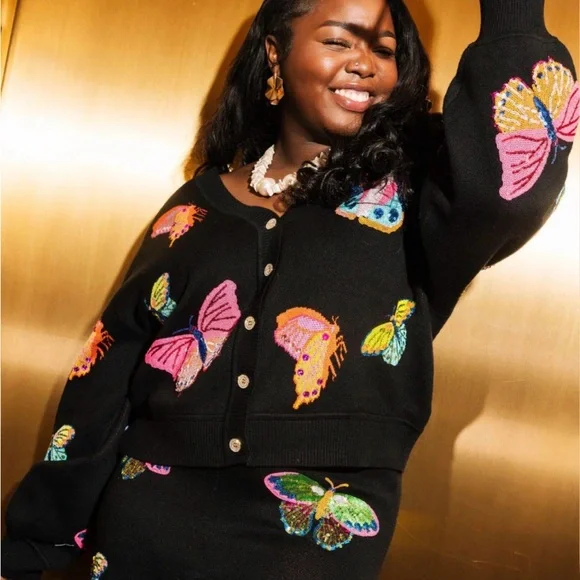 QUEEN OF SPARKLES Black Cardigan with Colorful Butterfly Motifs - Picture 3 of 12